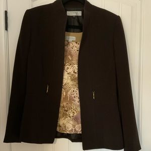 Tahari Dark Brown Open-Front Pantsuit Jacket with Patterned Lining